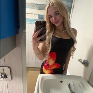 Black Dress with Red and Orange Floral Design